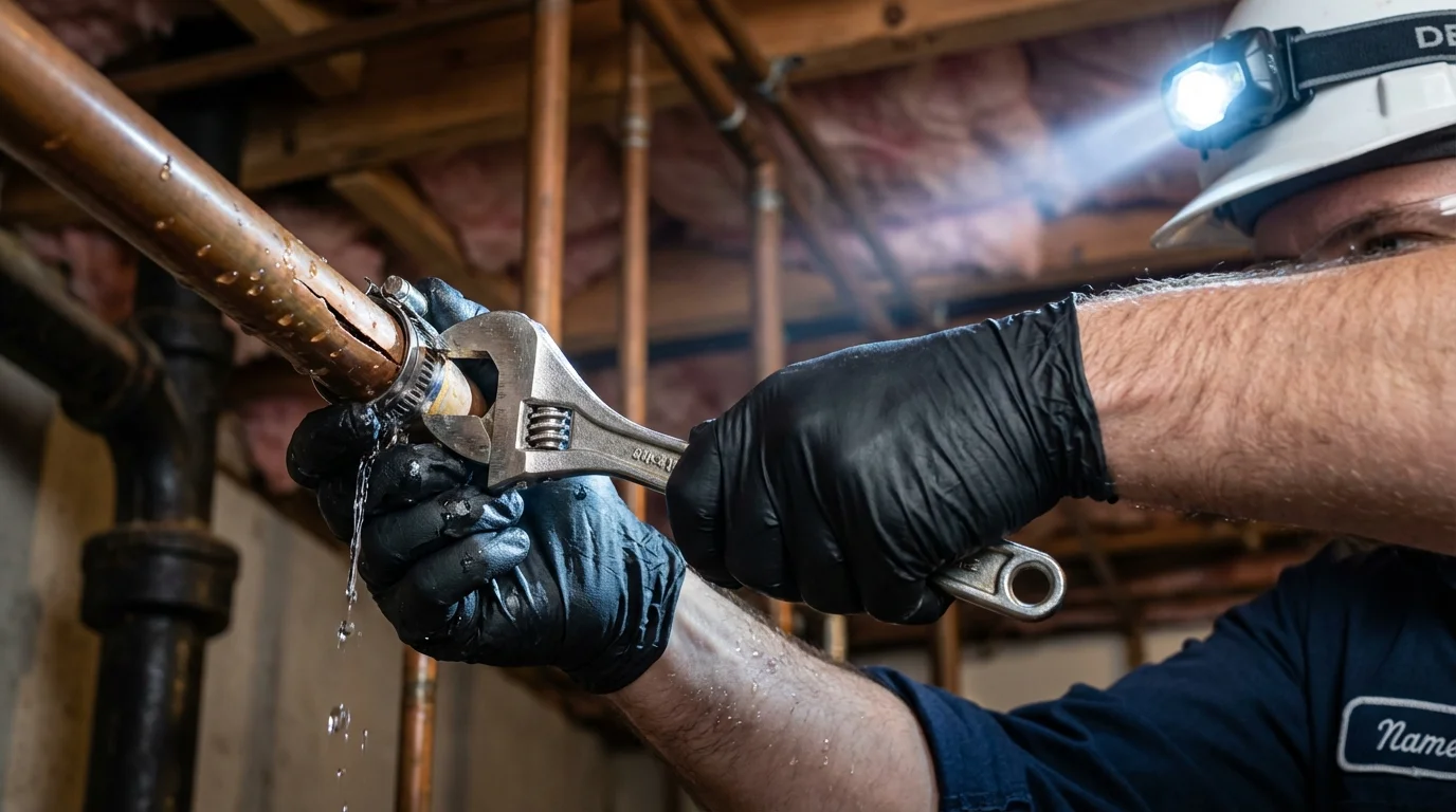 Emergency pipe clamp repair being performed by a Johns Plumbing LLC plumber in Ridgewood